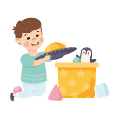Happy Boy Sitting Near Box Playing Toys in His Playroom Having Fun Vector Illustration