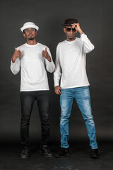 Two african man wearing white blank long sleeve shirt, doing a simple pose