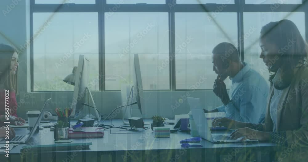 Poster animation of financial data processing over diverse business people in office