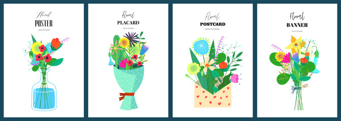 Postcard template set with abstract drawing flowers in vase. Floral bouquet art hand drawn placard collection. Botanical on spring holiday cover. Summer blooms banner. Herbal plants in envelope poster