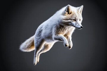 An Arctic fox jumping through the air, isolated on black