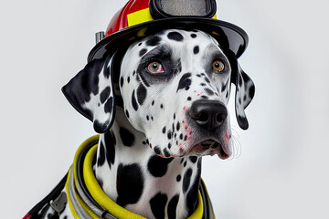 A Dalmatian dog dressed as a fireman, isolated on a white background