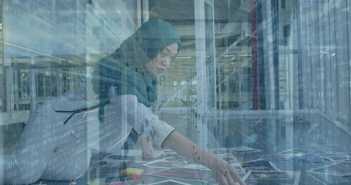 Animation of bars, x symbols on biracial woman wearing hijab looking at pictures against server room
