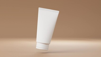 Plastic cosmetic cream tube mockup floating rotating on brown background motion 3D render