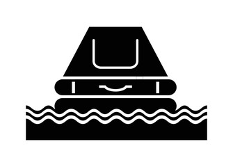 Life raft floating on the water. Simple illustration in black and white.