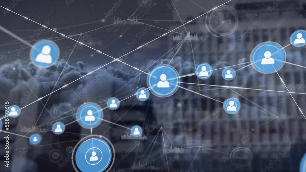 Poster animation of connected icons and graphs against dense clouds in background