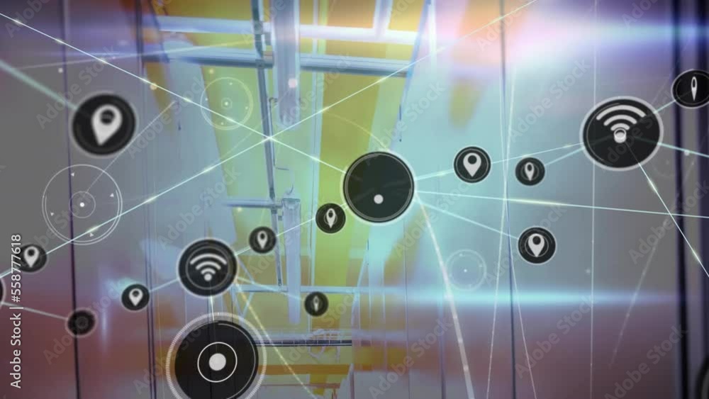 Poster animation of data processing over network of connections and server room