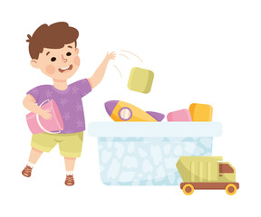 Happy Boy Playing Toys in His Playroom Having Fun Vector Illustration