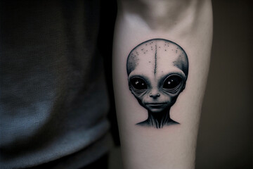 Tattoo of an alien or Martian, being from another world. Idea for tattoo on women and men. Generative AI.
