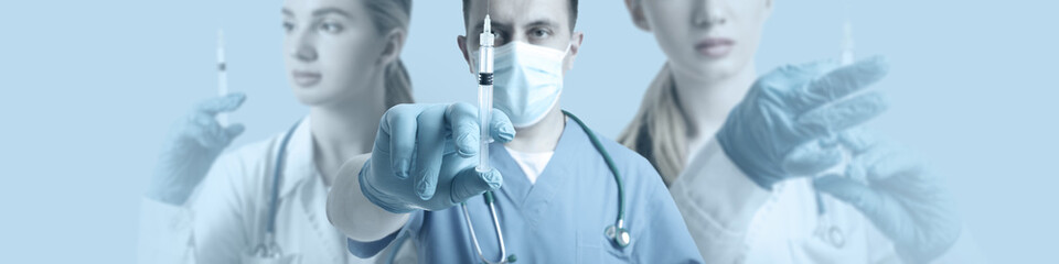 Doctors with syringes on blue background. Banner for design