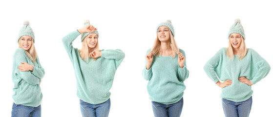 Collage of stylish young woman in warm winter clothes on white background