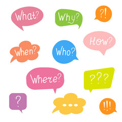 Cartoon multicolor speech bubble with handwritten short questions when, why, where, how, what.