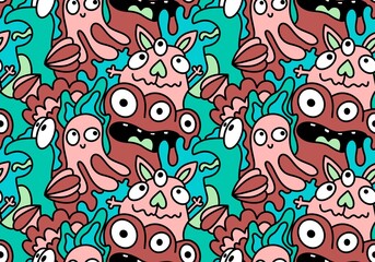 Fototapeta premium Cartoon doodle monsters seamless aliens and animals pattern for wrapping paper and fabrics and kids clothes