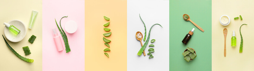 Collage of fresh aloe vera leaves and natural cosmetic products on color background