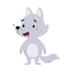 Cute Little Wolf Cub with Grey Coat Standing and Talking Vector Illustration