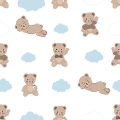 Cute teddy bears with clouds. Seamless fabric design pattern
