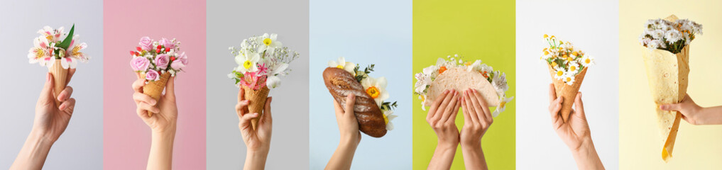 Collection of fresh flowers and fast food in hands on color background