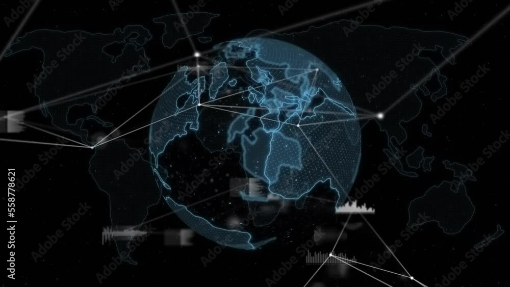 Poster animation of data processing, globe and network of connections
