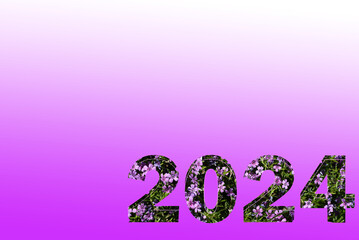 On a gradient lilac background, volumetric numbers "2024" from a grass and floral ornament.