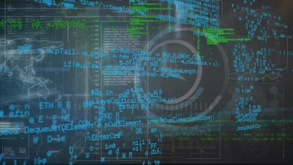 Animation of computer language over digital clock, dna helix and map against abstract background - Powered by Adobe