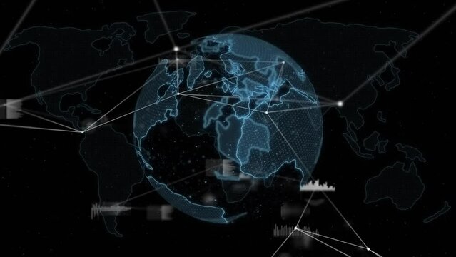 Animation of data processing, globe and network of connections