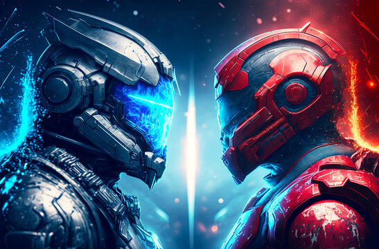 Two futuristic robots before match in blue and red color. Postproducted generative AI digital illustration.