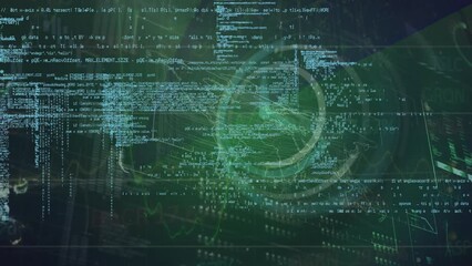 Animation of programming language over globe, graph, bars, map and digital clock - Powered by Adobe