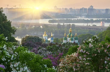 Foto auf Acrylglas Kiew Lilac alley leading to Vydubichi monastery in Hryshko National Botanical Garden with Left bank view, Kiyv
