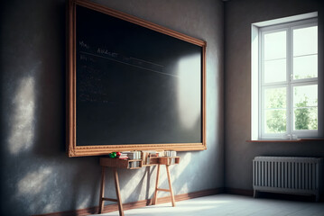 Fototapeta na wymiar Large blackboard in a brightly lit classroom. Generative AI