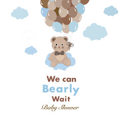 Teddy bear holding blue clouds baby shower