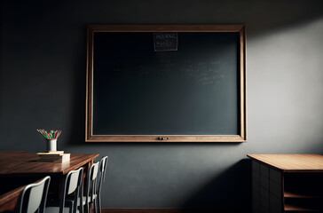 Large blackboard in a brightly lit classroom. Generative AI