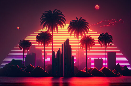 Synth wave retro city landscape background at sunset. Postproducted generative AI digital illustration.