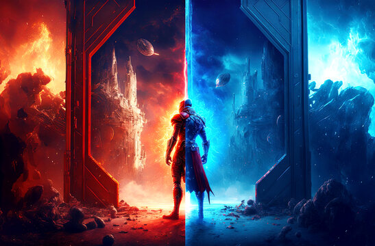 Two sides of the futuristic worlds at game in red and blue color. Postproducted generative AI digital illustration.
