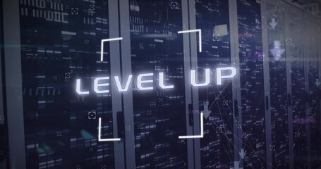 Animation of level up text and data processing over computer servers - Powered by Adobe