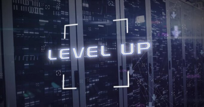 Animation of level up text and data processing over computer servers - Powered by Adobe