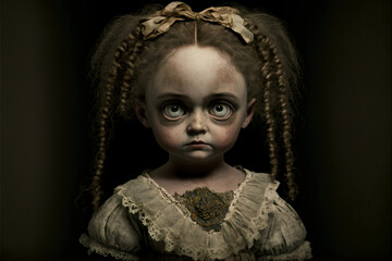 Cursed doll, scary and possessed from a horror movie. Generative AI.