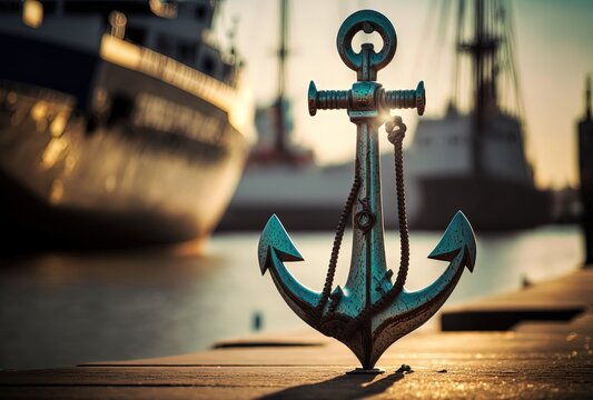illustration of beautiful big iron anchor at dock 