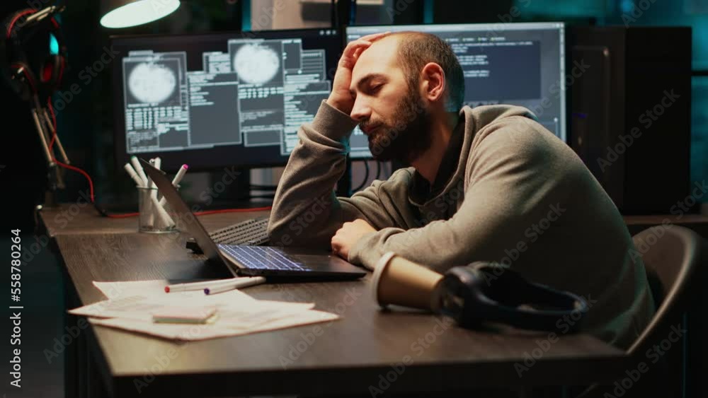 Poster app it engineer sleeping on desk and being drained, trying to work with artificial intelligence at n