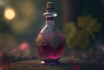 beautiful special elixir drub potion in glass bottle, idea for videogame item in real life, fantasy light glow bokeh background, stamina potion