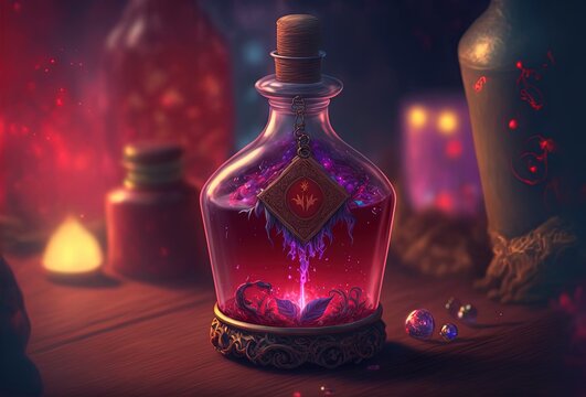 beautiful special elixir drub potion in glass bottle, idea for videogame item in real life, fantasy light glow bokeh background, stamina potion