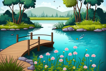 Natural outdoor scene of a pond. A little blue ornamental pond set out on a background of white, with lakeside vegetation and a fishing pier. natural pond view with in bloom flowers. graphic creation