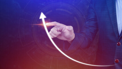 Businessman pointing touching growth on up arrow chart icon, hands touch the up arrow that...