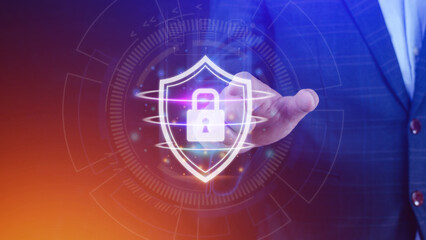 Computer network protection, secure and safe your data concept, businessman holding shield protection icon, Security shield Lock Security Businessman Protect Concept