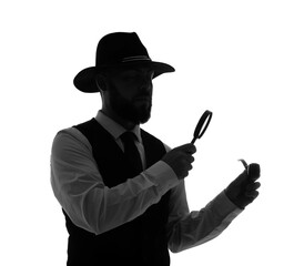 Silhouette of male detective with magnifier and smoking pipe on white background