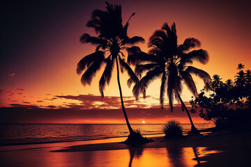 Naklejka na ściany i meble At sunset, a seaside coconut palm tree. Generative AI