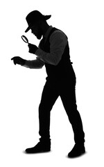Silhouette of male detective with magnifier on white background