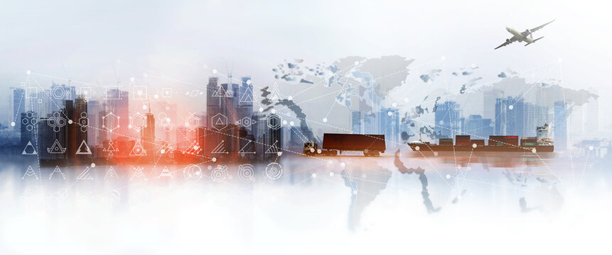The world logistics  background or transportation Industry or shipping business, Container Cargo  shipment , truck delivery, airplane , import export Concept