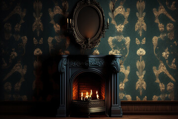 a traditional fireplace in a retro guest room. Romatic wallpaper or backdrop. Generative AI