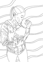 A woman with a baby in her arms. Antistress coloring. Vector black and white illustration