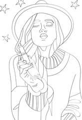 Vector illustration: woman in hat holds in hands lipstick. Antistress coloring page